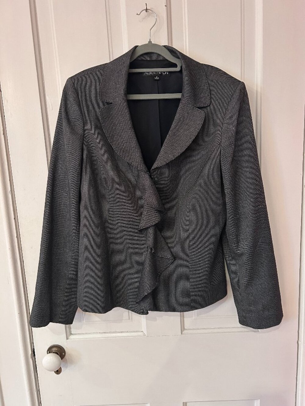 Albert Nipon Charcoal Ruffle Front Jacket Cascade Blazer Lined Stretch Size 16